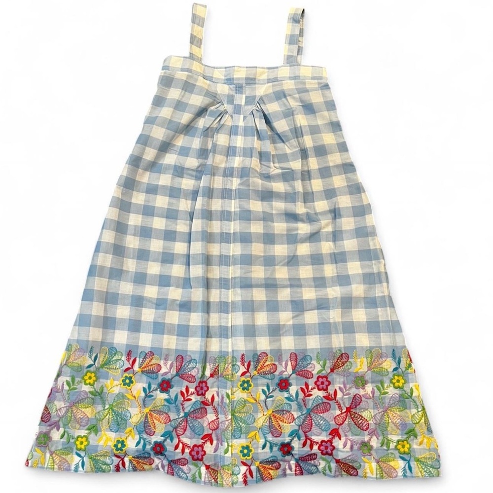 Robbie Bee Blue Checkered Dress with Multicolor Floral embroidered Hem #vintage